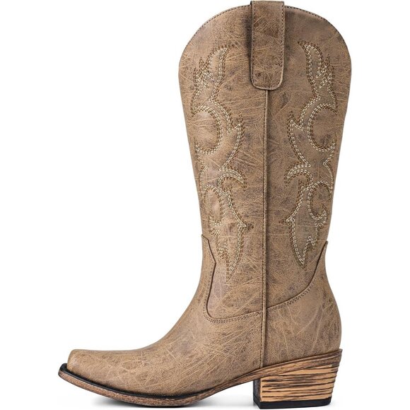 Women Camel Faux Leather Snip Toe Chunky Block Heel Embroidered Western Boot - Picture 4 of 5